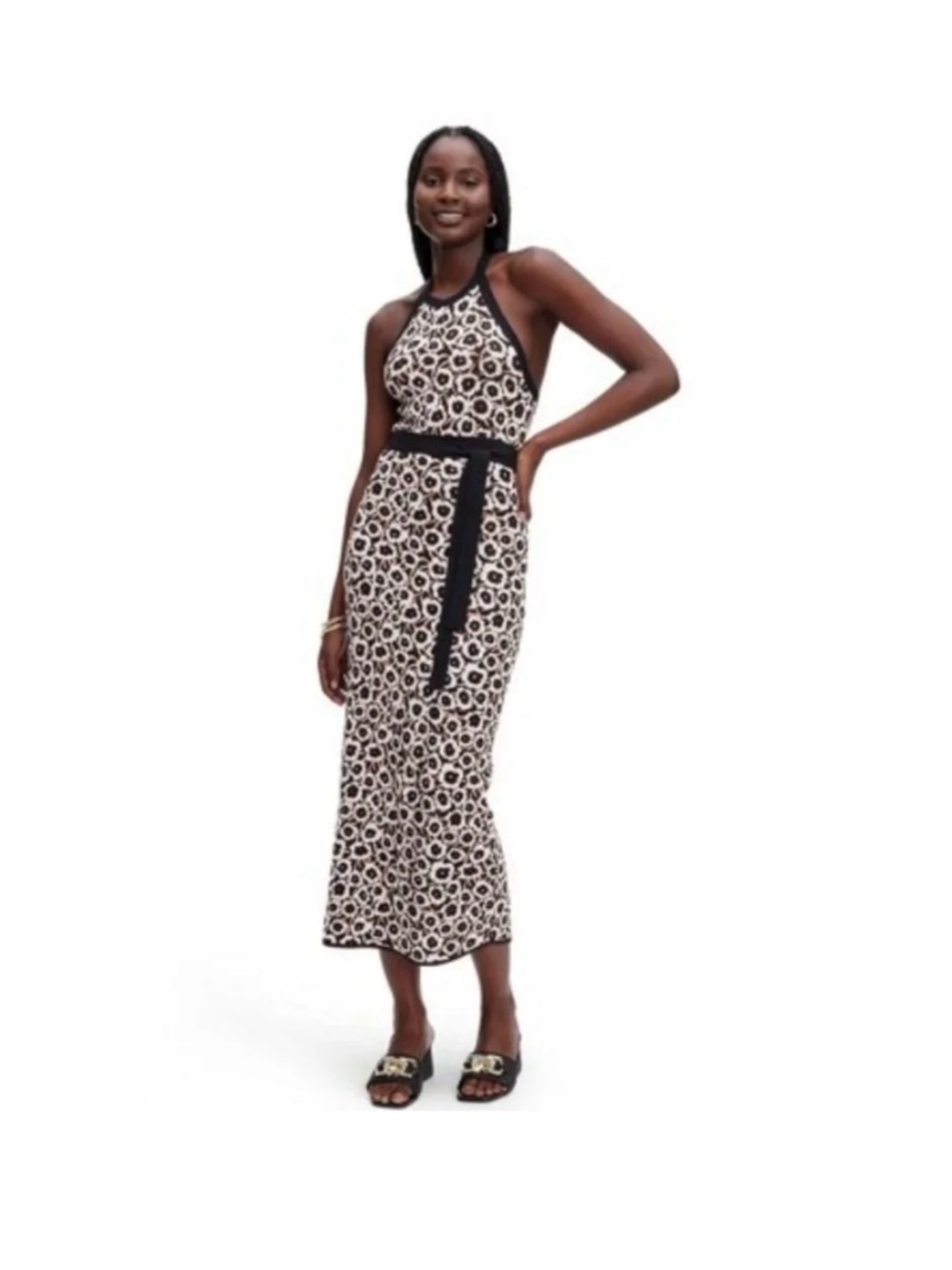 DVF Sleeveless Halter Floral-Print Midi Dress in Black & Cream